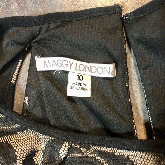 Maggie London Form Fitting Knee Length Black Lace Over Nude Lining Size 10 - Picture 10 of 11
